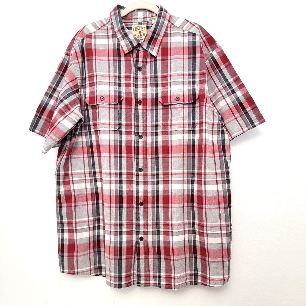 Red Head Brand Company Red Gray Black Plaid Short Sleeve Button Up Shirt Size XL